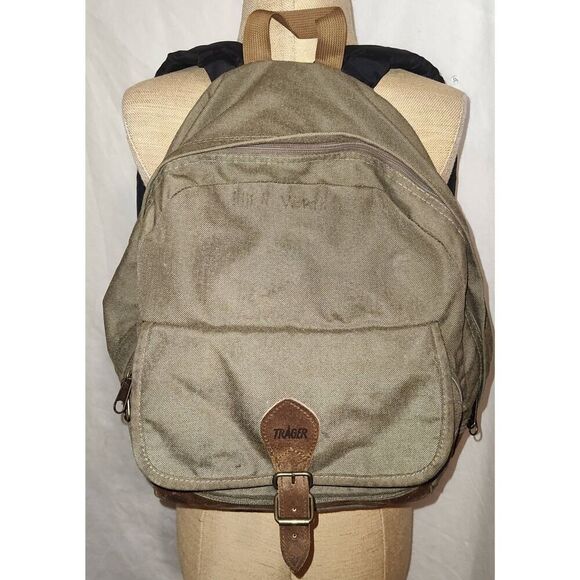 Trager TRAGER Olive/Brown LEATHER BOTTOM BACKPACK Hiking School Travel Gym Bag V - Picture 1 of 9